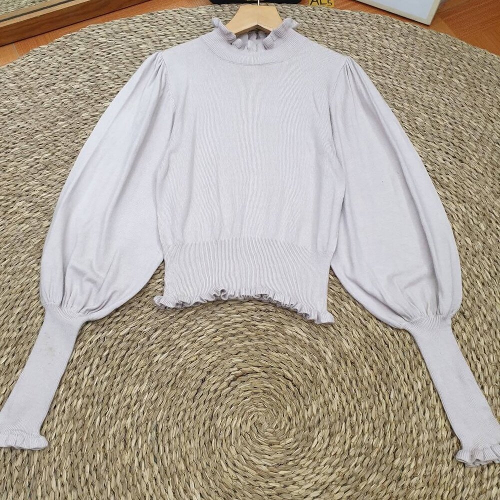 Lavender Puff Sleeve Ruffle Mock Neck Crop Knit Sweater